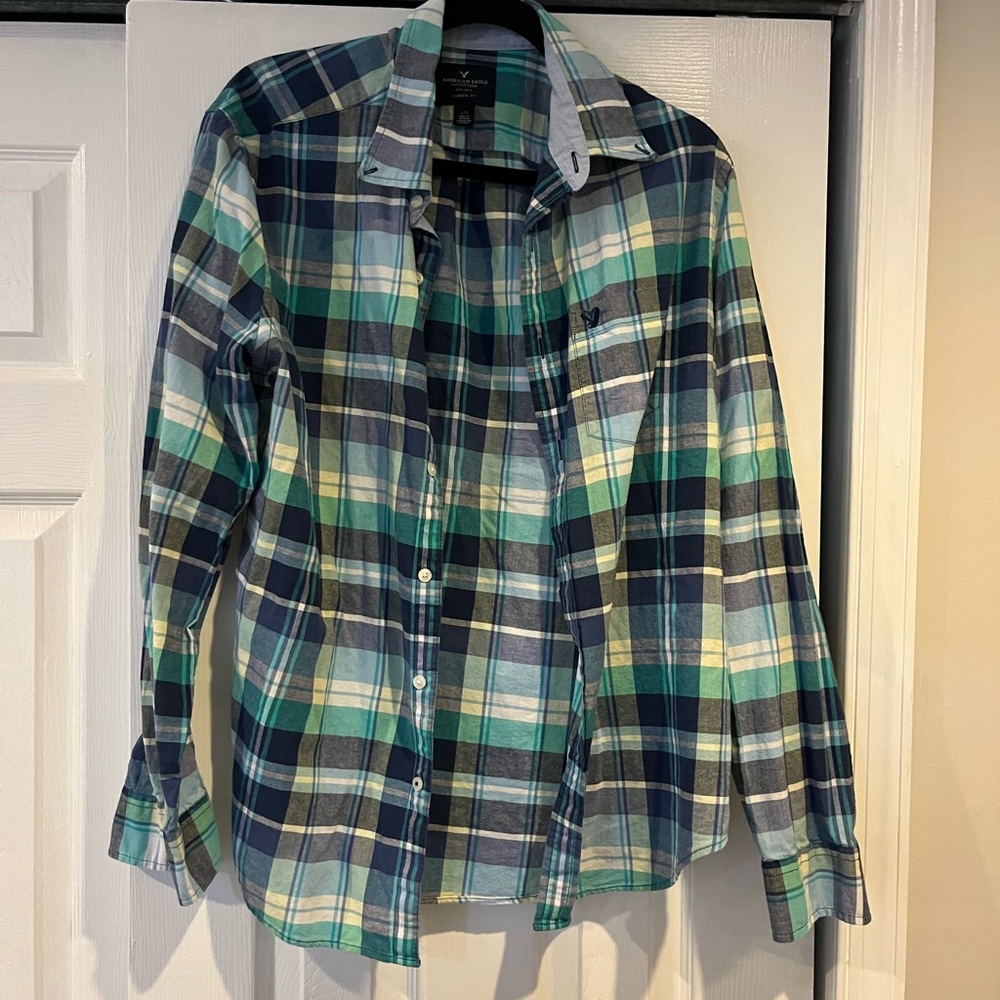 American Eagle Outfitters Classic Plaid Shirt in Blue and Green